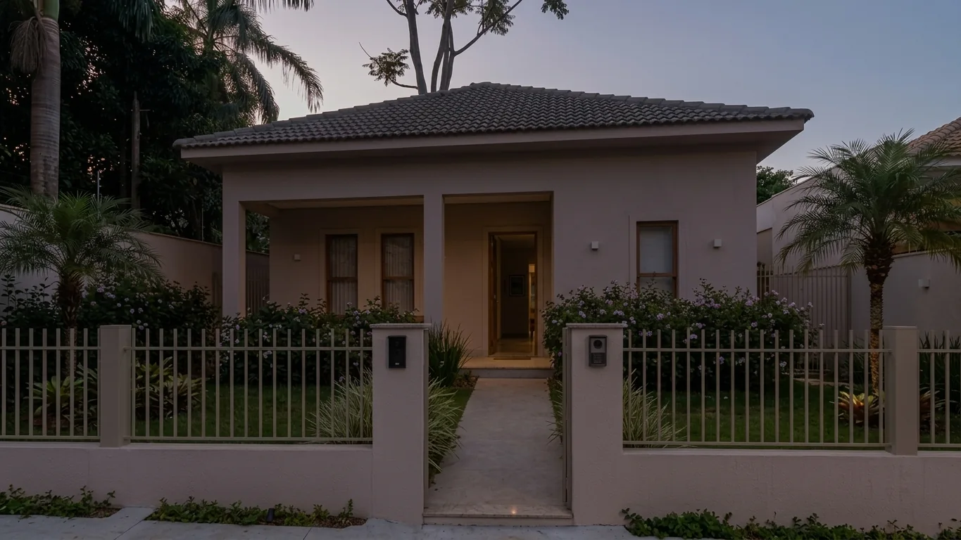 Fachada de residência térrea com jardim e portão